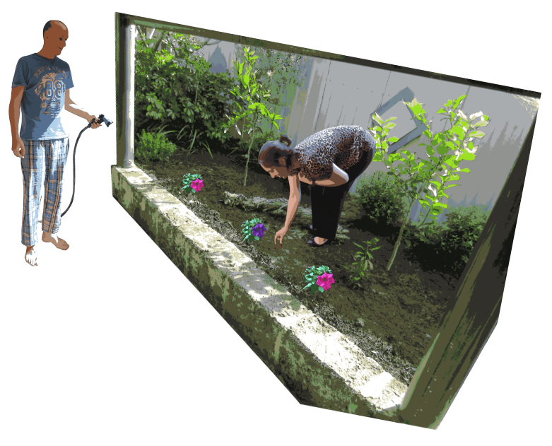 Man Watering Plants With Woman Picking Up Poo